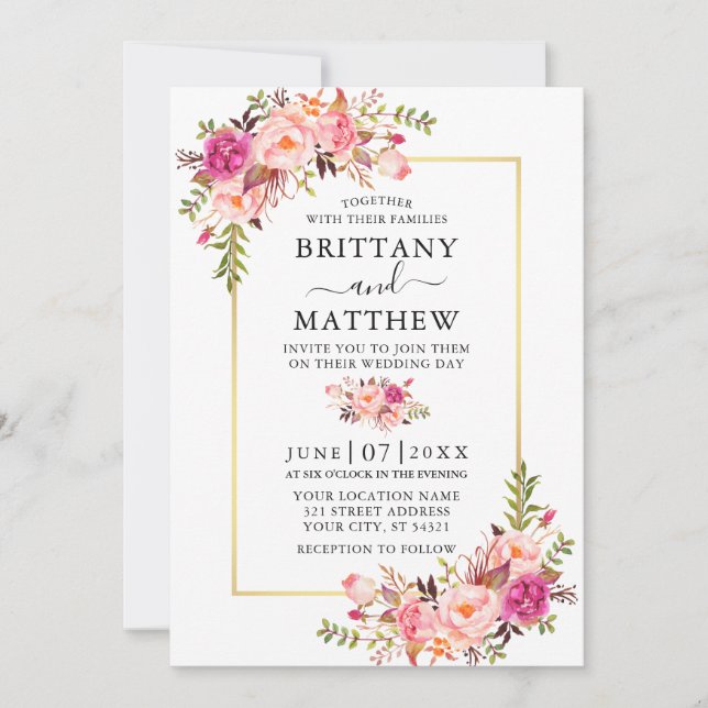 Invitation Aquarelle moderne rose Floral Mariage cadre or (Devant)