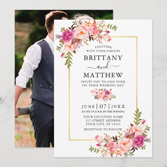 Invitation Aquarelle moderne rose Floral Photo Mariage or (Devant / Derrière)