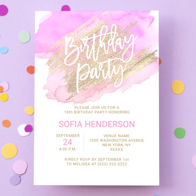 Invitation Aquarelle moderne rose violet or Anniversaire (Créateur téléchargé)