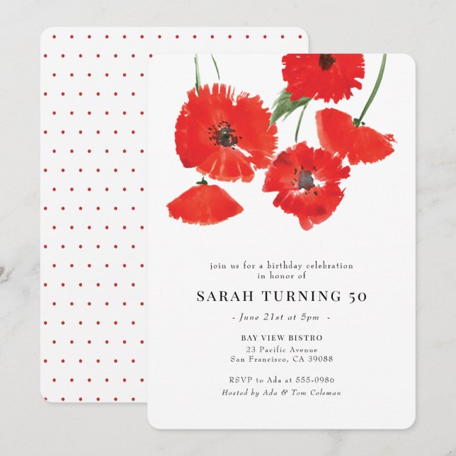 Invitation Aquarelle moderne rouge pavot Anniversaire (Devant / Derrière)