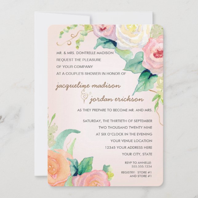Invitation Aquarelle moderne simple Roses floraux corail rose (Devant)