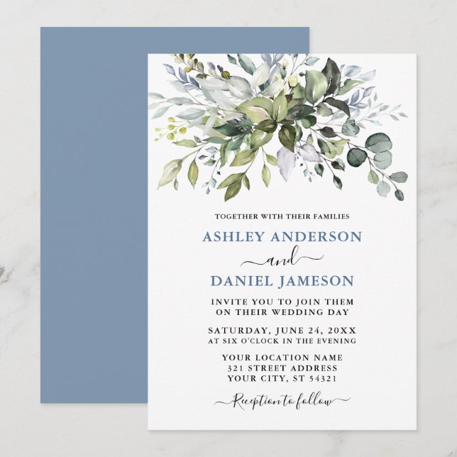 Invitation Aquarelle moderne verdure Dusty Blue Mariage (Devant / Derrière)