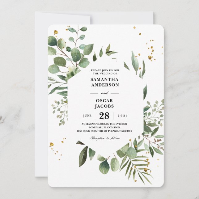 Invitation Aquarelle moderne Vert Eucalyptus Cadre vert (Devant)