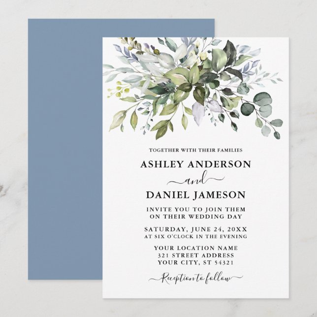 Invitation Aquarelle moderne Vert Mariage Dusty Blue (Devant / Derrière)