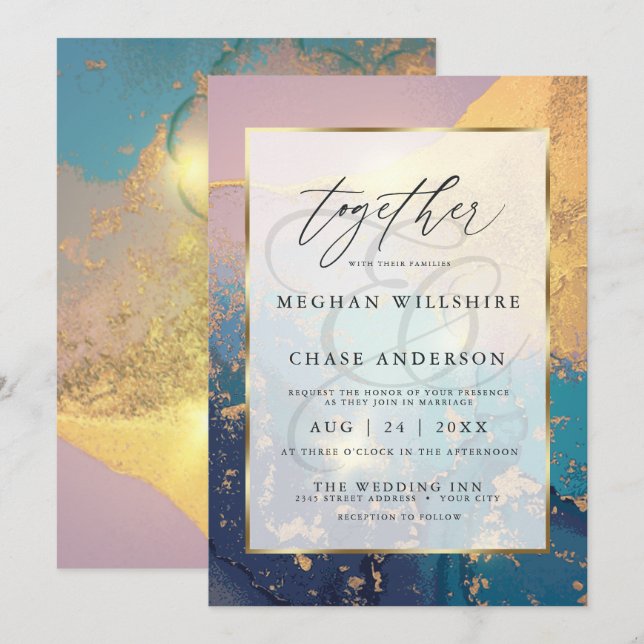 Invitation Aquarelle moderne Vibré Or Mauve Bleu (Devant / Derrière)