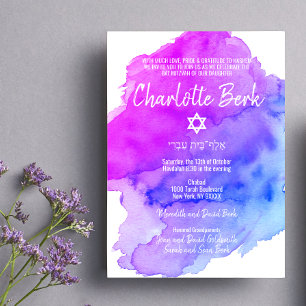 Invitation Aquarelle moderne violet bleu étoile BAT MITZVAH