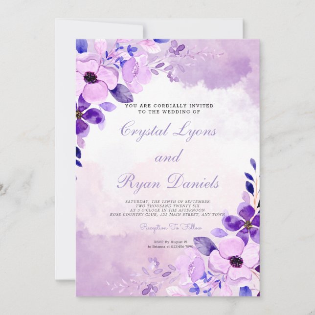 Invitation Aquarelle moderne violet lavande Mariage floral (Devant)