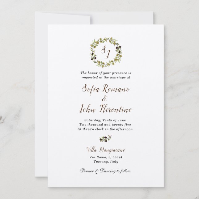 Invitation Aquarelle monochrome Mariage de couronne d'olive (Devant)