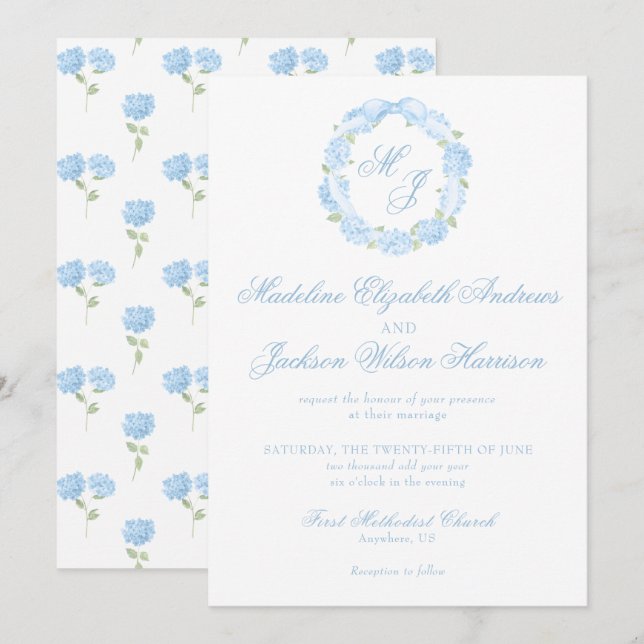 Invitation Aquarelle Monogramme bleu Hydrangea Mariage de cou (Devant / Derrière)