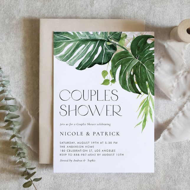Invitation Aquarelle Monstera Feuilles Tropical Couples Douch (Créateur téléchargé)