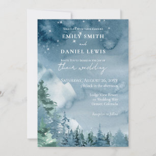 Invitation Aquarelle Montagnes Sombre Dusk Bleu Rustique Mari