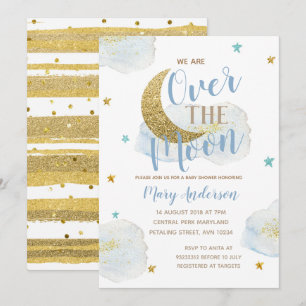 Invitation Aquarelle Moon Baby Baby shower bleu et or
