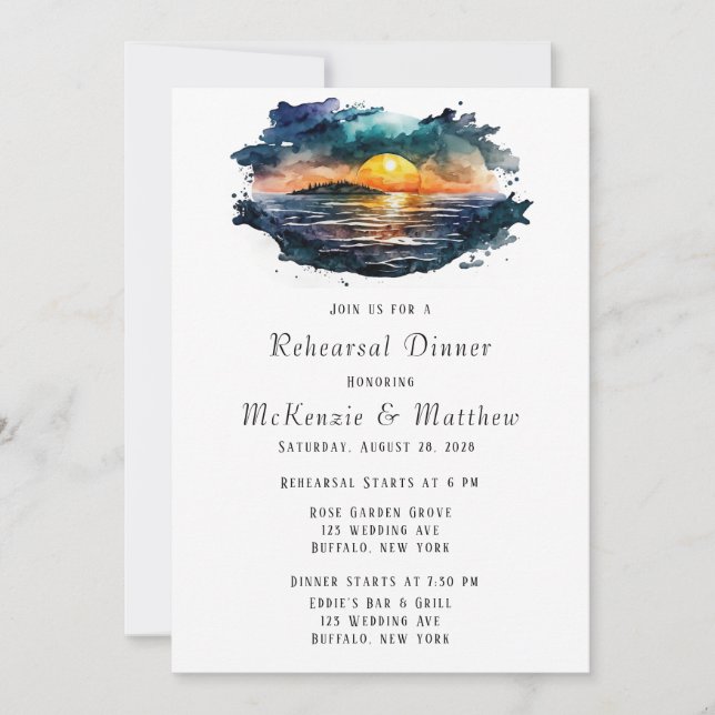 Invitation Aquarelle Nautical Beach Scène Dîner de répétition (Devant)