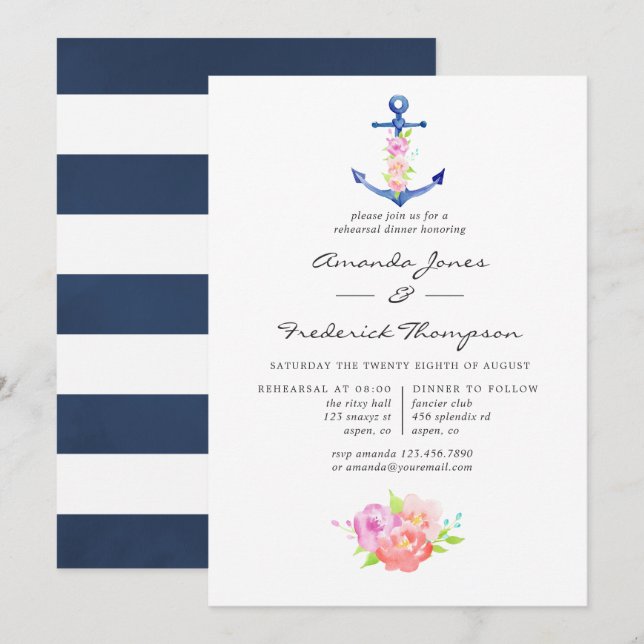Invitation Aquarelle Nautique Thème Floral Dîner de répétitio (Devant / Derrière)