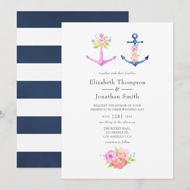 Invitation Aquarelle Nautique Thème Floral Mariage (Devant / Derrière)