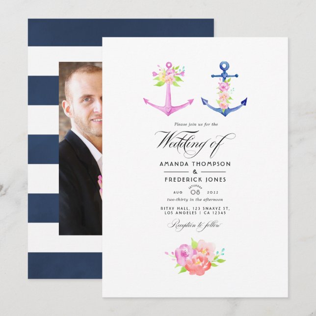 Invitation Aquarelle Nautique Thème Floral Mariage Photo (Devant / Derrière)