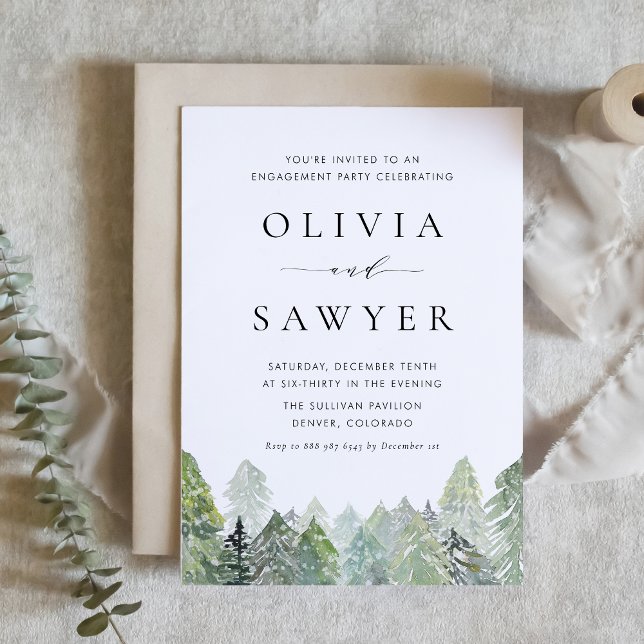 Invitation Aquarelle neige À feuillage persistant Forest Enga (Engagement party invitation with snowy watercolor pine forest, ideal for rustic winter celebrations.)