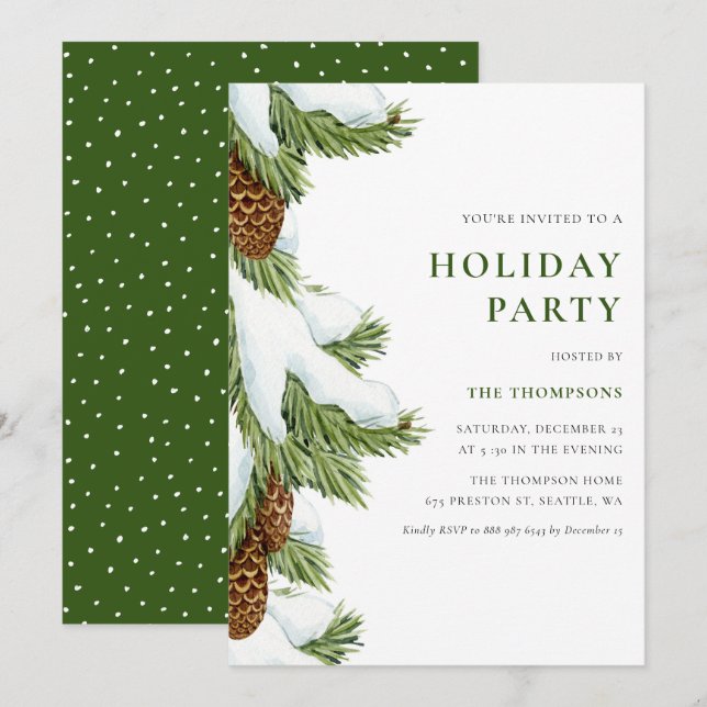Invitation Aquarelle Neige Pine Aiguilles Fête (Devant / Derrière)