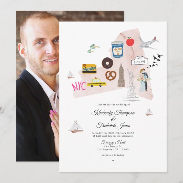 Invitation Aquarelle New York USA Destination Wedding Photo (Devant / Derrière)