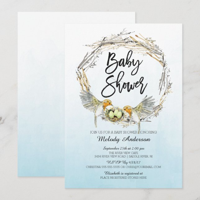 Invitation Aquarelle nid d'oiseaux Triplets Baby shower Invit (Devant / Derrière)