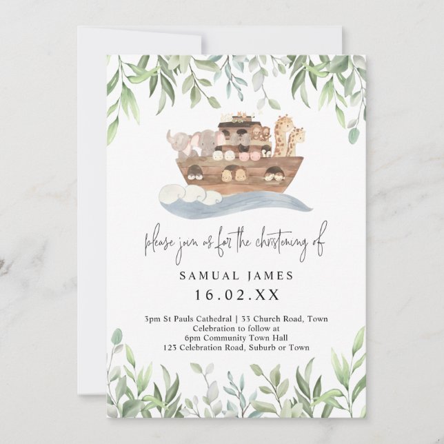 Invitation Aquarelle Noah's Ark Animaux Verdure Christening (Devant)