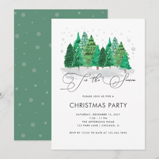 Invitation Aquarelle Noël Arbres Fête de Noël (Devant / Derrière)