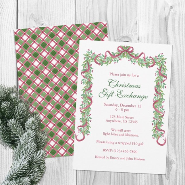 Invitation Aquarelle Noël Bourgogne Vert Plaid Garland (Créateur téléchargé)