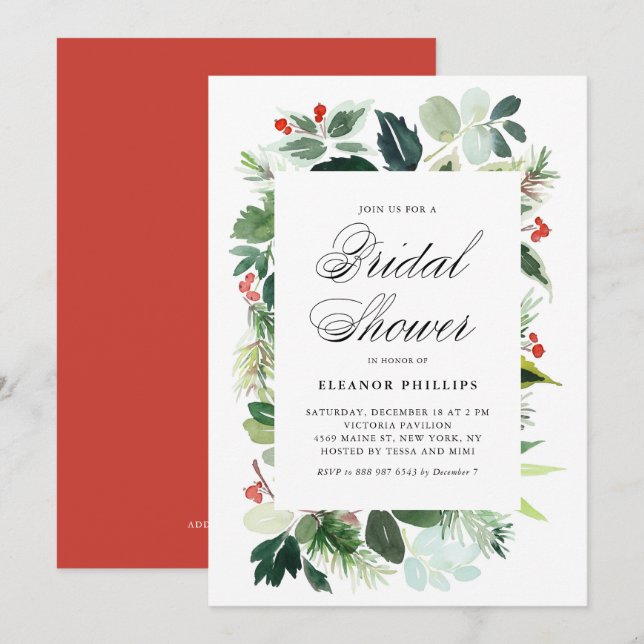 Invitation Aquarelle Noël Fête des mariées cadre verdure (Devant / Derrière)