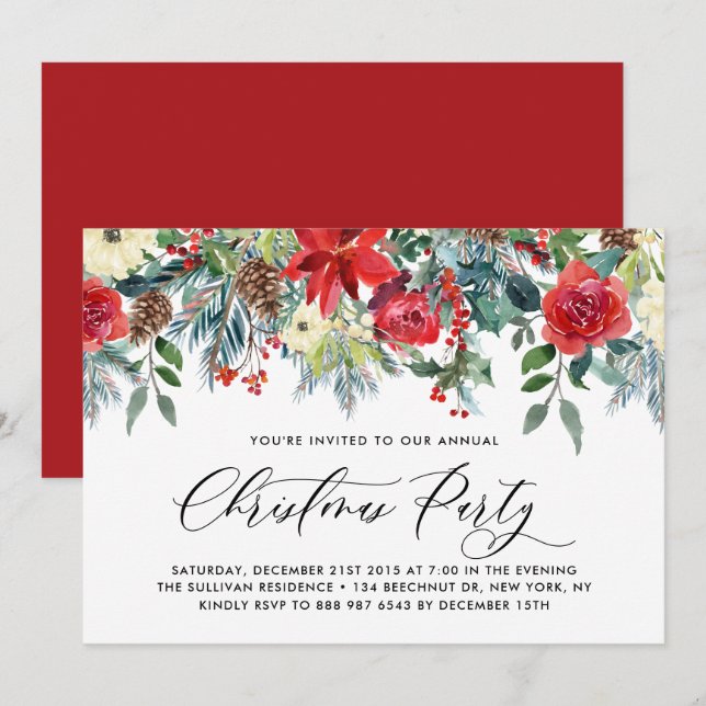 Invitation Aquarelle Noël Floral Garland Fête (Devant / Derrière)