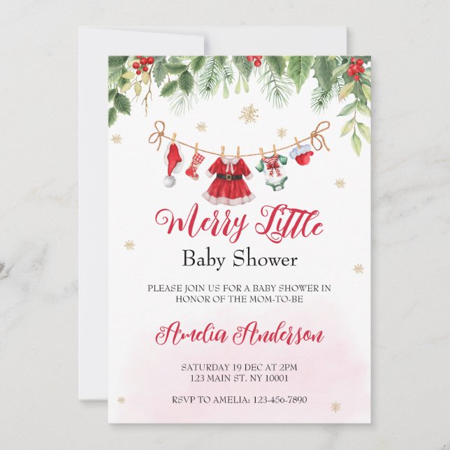 Invitation Aquarelle Noël Joyeux petit Baby shower fille (Devant)
