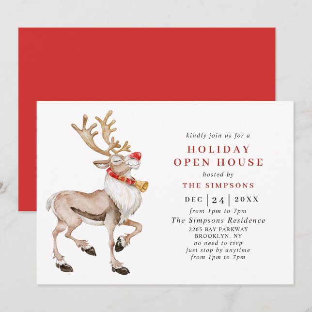 Invitation Aquarelle Noël Reindeer VACANCES OPEN HOUSE (Devant / Derrière)