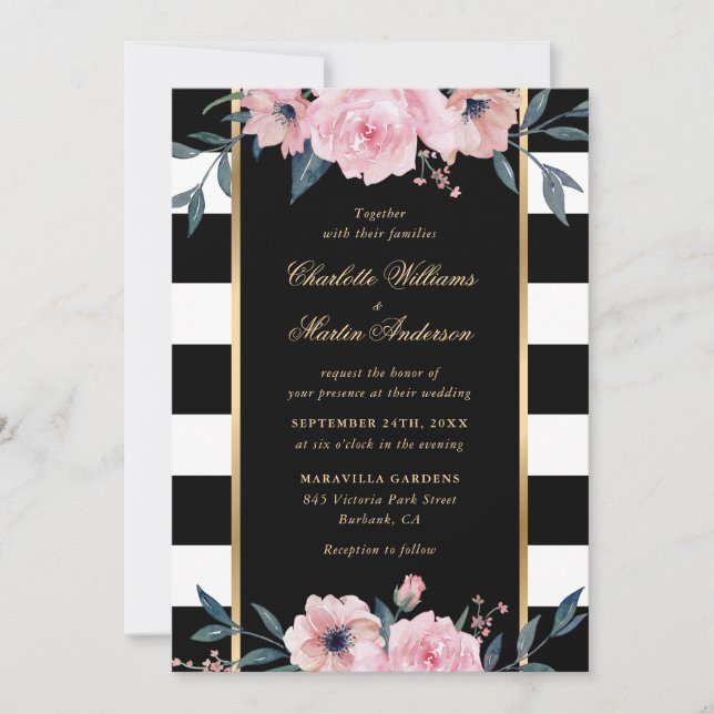 Invitation Aquarelle noir blanc rayé rose Mariage floral (Devant)