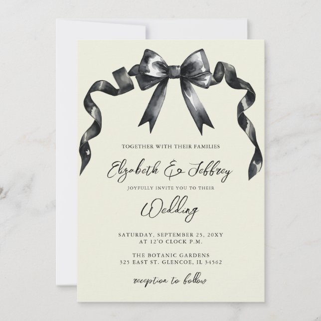 Invitation Aquarelle Noir Bow Coquette Moderne Chic Mariage (Devant)