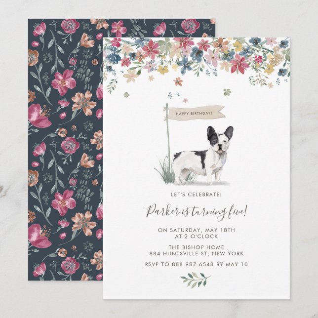 Invitation Aquarelle Noir et Blanc Chien-taureau Français Ann (Devant / Derrière)