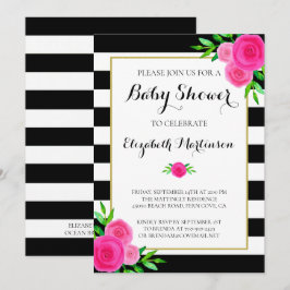 Invitation Aquarelle noire blanche rayée Baby shower floral