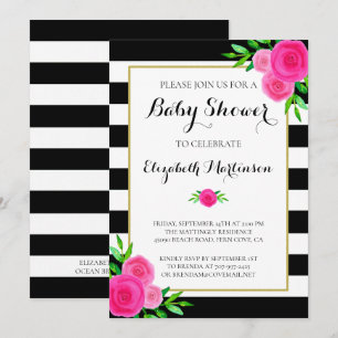 Invitation Aquarelle noire blanche rayée Baby shower floral