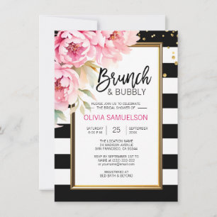 Invitation Aquarelle noire blanche rose Floral Brunch & Bubbl