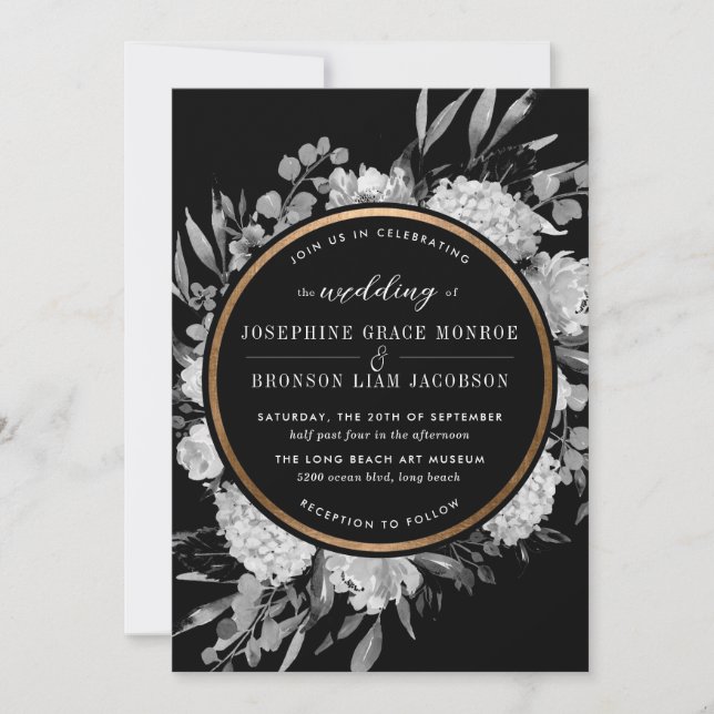 Invitation Aquarelle noire et blanche moderne Cadre Floral (Devant)