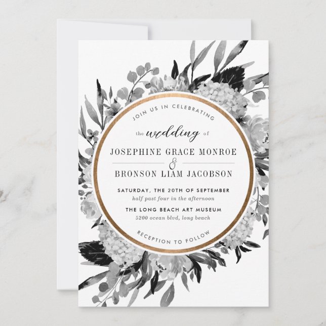 Invitation Aquarelle noire et blanche moderne Cadre Floral (Devant)