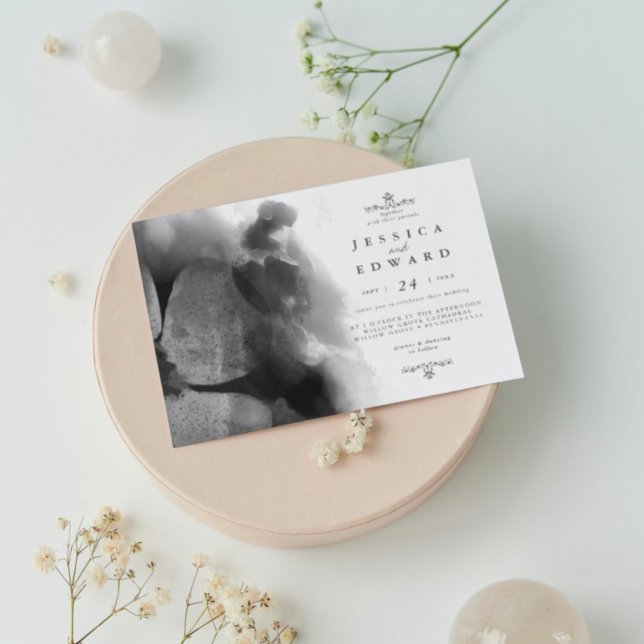 Invitation Aquarelle noire et blanche Oiseau Mariage floral (Créateur téléchargé)