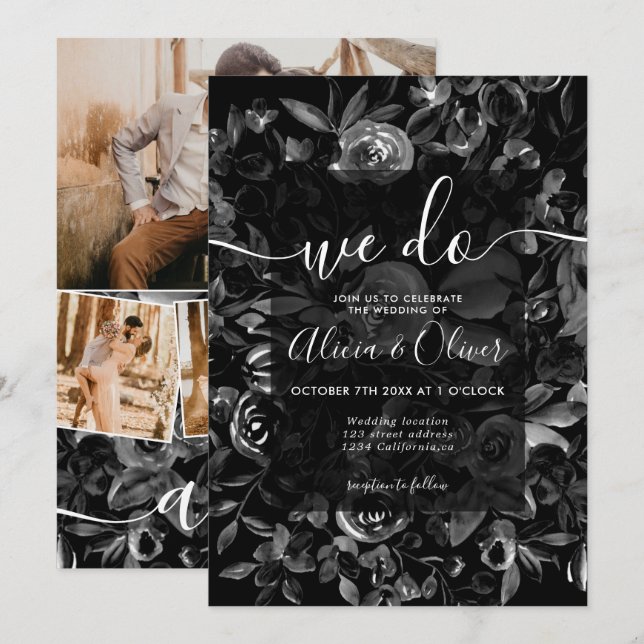 Invitation Aquarelle noire florale photo initiales mariage (Devant / Derrière)