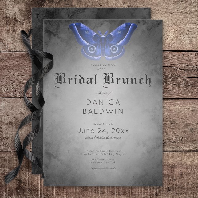 Invitation Aquarelle noire gothique Bleu Moth Bridal Brunch (Gothic Black Watercolor Blue Moth Bridal Brunch Invitation)
