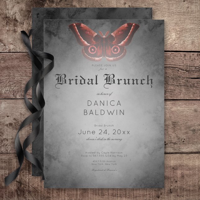 Invitation Aquarelle noire gothique Moth rouge Brunch nuptial (Gothic Black Watercolor Red Moth Bridal Brunch Invitation)