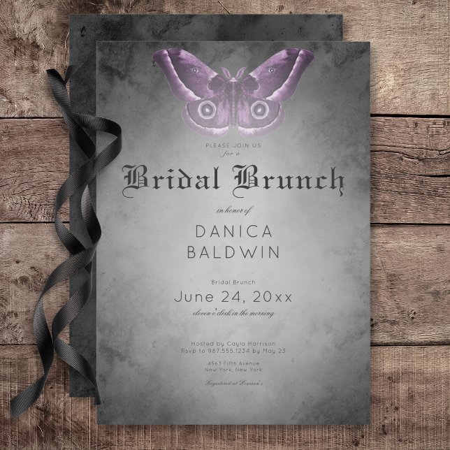 Invitation Aquarelle noire gothique Purple Moth Bridal Brunch (Gothic Black Watercolor Purple Moth Bridal Brunch Invitation)