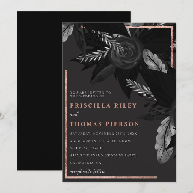 Invitation Aquarelle noire rose or mariage floral (Devant / Derrière)