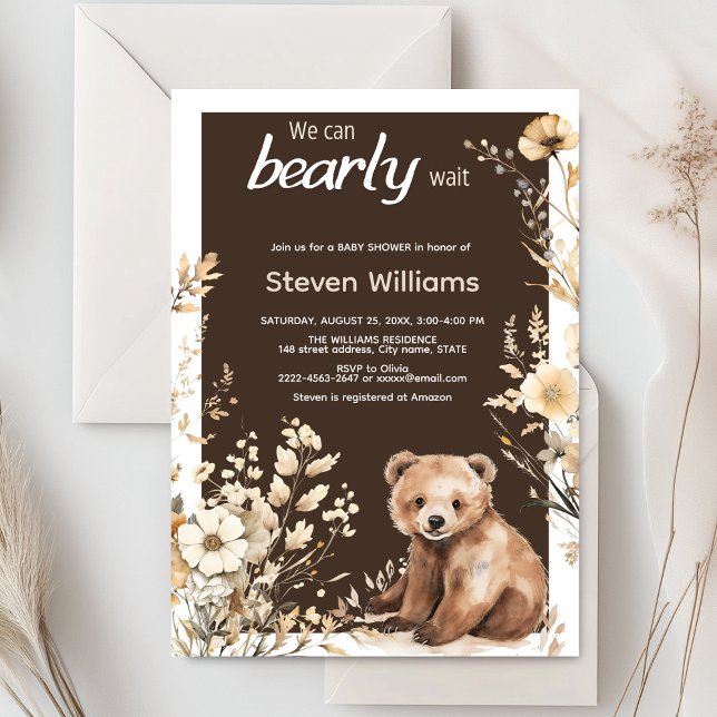 Invitation Aquarelle nous pouvons attendre l'invitation (Cute bear with rustic blue flowers baby shower invitation)