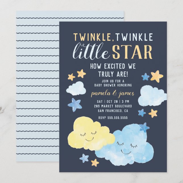 Invitation Aquarelle Nuages Twinkle Little Star Baby shower (Devant / Derrière)