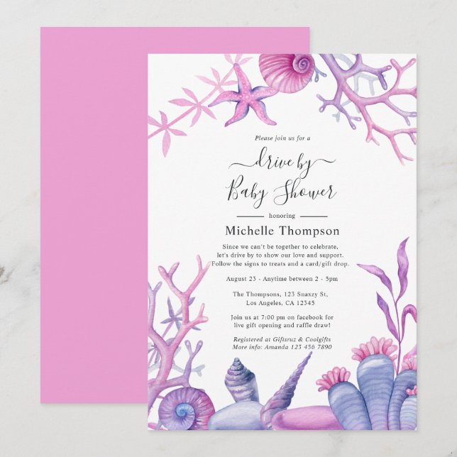 Invitation Aquarelle Ocean Life Drive Par Baby shower (Devant / Derrière)