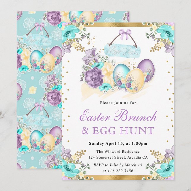 Invitation Aquarelle OEufs de chocolat Floral Brunch de Pâque (Devant / Derrière)