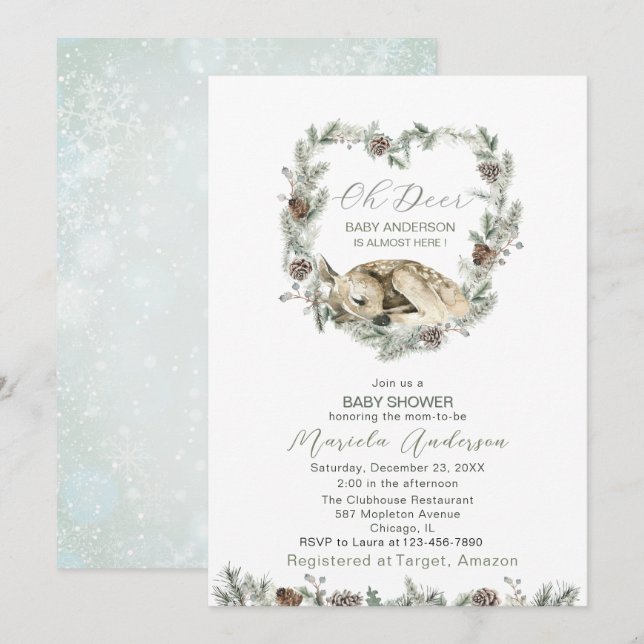Invitation Aquarelle Oh Deer Baby shower (Devant / Derrière)